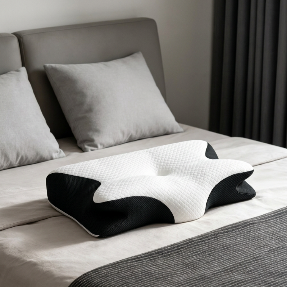 Nesora ergonomic neck pillow in black on a bed, white quilted top with black mesh sides