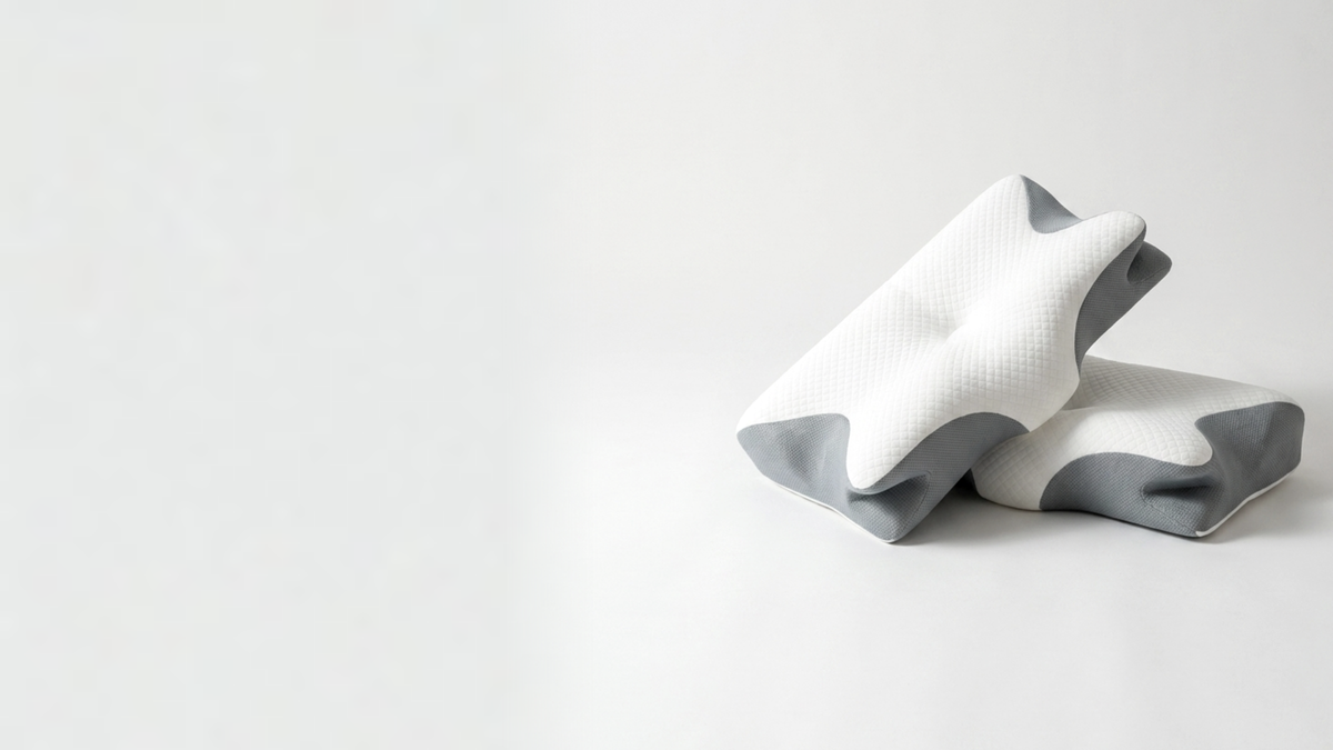 Two Nesora ergonomic neck pillows stacked on a clean white studio background